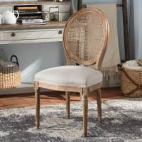 Baxton Studio TSF-9315B-Beige-DC Adelia French Vintage Cottage Weathered Oak Finish Wood and Beige Fabric Upholstered Dining Side Chair with Round Cane Back